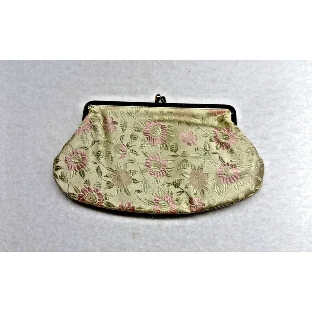 Satin Brocade Floral Kiss Lock Coin Purse Double Frame Clutch Vintage